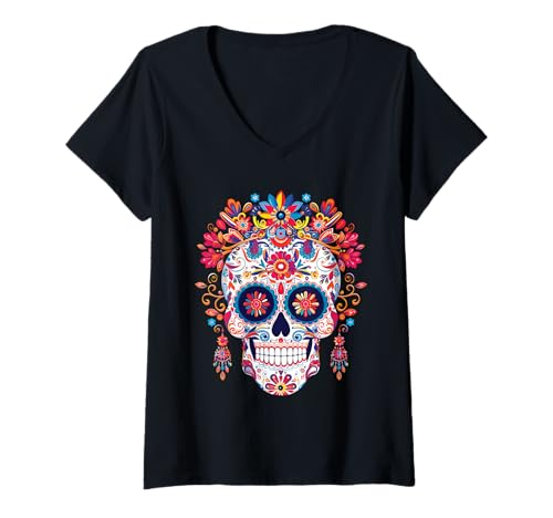 Damen Zuckerschädel Dia De Los Muertos Halloween Tag Der Toten T-Shirt mit V-Ausschnitt Damen Zuckerschädel Dia De Los Muertos Halloween Tag Der Toten T-Shirt mit V-Ausschnitt von Halloween Zuckerschädel Dia De Los Muertos