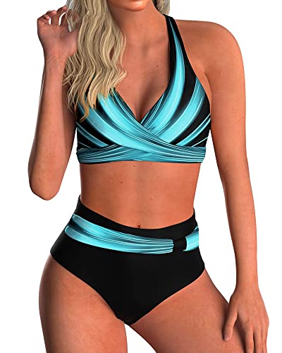 Zueauns Bikini Damen Bauchweg Große Brüste Badeanzug High Waist Push Up Bikinis für Damen V Ausschnitt überkreuztes Blumenmuster Bademode Bauchkontrolle Bikini Zweiteilige Bademode Swimsuit(Blau,2XL) von Zueauns