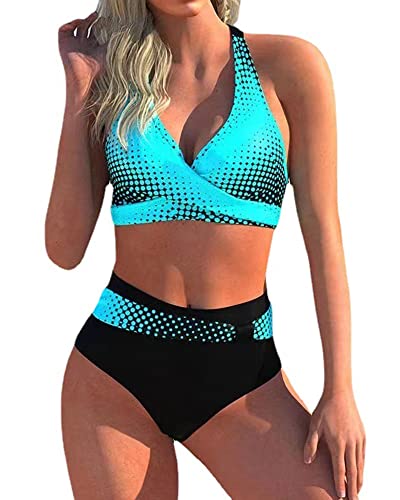 Zueauns Bikini Damen Bauchweg Große Brüste Badeanzug High Waist Push Up Bikinis für Damen V Ausschnitt überkreuztes Blumenmuster Bademode Bauchkontrolle Bikini Zweiteilige Bademode Swimsuit von Zueauns