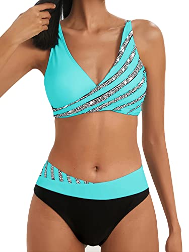 Zueauns Bikini Damen Große Brüste Bauchweg Badeanzug Push Up Sexy V Ausschnitt überkreuztes Sport Bikini-Sets(Grüner,XL) von Zueauns