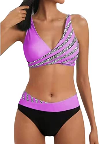 Zueauns Bikini Damen Große Brüste Bauchweg Badeanzug Push Up Sexy V Ausschnitt überkreuztes Sport Bikini-Sets für Damen Glänzend Farbblock Bademode Schwimmanzug Zweiteilige Swimsuit(violett,S) von Zueauns