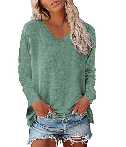 Zueauns Damen Langarmshirt Baumwolle Oberteile Langarm Shirt V Ausschnitt Oberteil Lose Longsleeve T-Shirt Pullover Sweatshirt Basic Tshirt Tunika Top Bluse Einfarbig Casual T-Shirts(Grün,S) von Zueauns