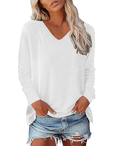 Zueauns Damen Langarmshirt Baumwolle Oberteile Langarm Shirt V Ausschnitt Oberteil Lose Longsleeve T-Shirt Pullover Sweatshirt Basic Tshirt Tunika Top Bluse Einfarbig Casual T-Shirts(Weiß,XL) von Zueauns