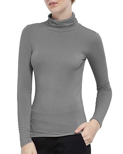 Zueauns Damen Langarmshirts Hoher Kragen Langarm-T-Shirt Rollkragen Thermooberteile Großformat Top Unterwäsche Sweatshirts(Grau,XL) von Zueauns