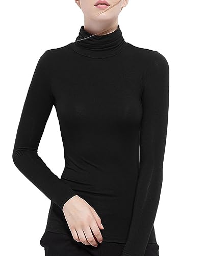 Zueauns Damen Langarmshirts Hoher Kragen Langarm-T-Shirt Rollkragen Thermooberteile Großformat Top Unterwäsche Sweatshirts(Schwarz,L) von Zueauns