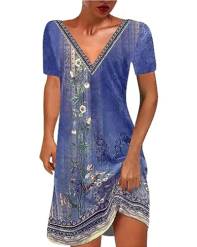 Zueauns Damen Sommerkleider Knielang Kurzarm T-Shirt Kleider Elegant V-Ausschnitt Tshirt Kleid Locker Bunte Blumen Drucke Blusenkleid Vintage Kleid A-line Sommer Freizeitkleid Partykleid von Zueauns