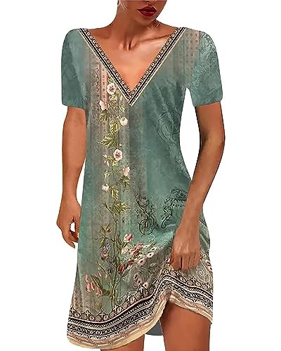 Zueauns Damen Sommerkleider Knielang Kurzarm T-Shirt Kleider Elegant V-Ausschnitt Tshirt Kleid Locker Bunte Blumen Drucke Blusenkleid Vintage Kleid A-line Sommer Freizeitkleid Partykleid von Zueauns