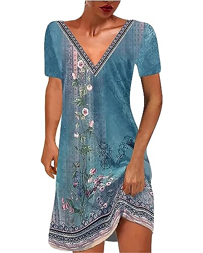 Zueauns Damen Sommerkleider Knielang Kurzarm T-Shirt Kleider Elegant V-Ausschnitt Tshirt Kleid Locker Bunte Blumen Drucke Blusenkleid Vintage Kleid A-line Sommer Freizeitkleid Partykleid von Zueauns