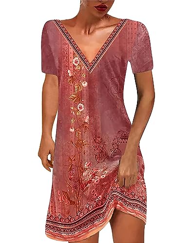 Zueauns Damen Sommerkleider Knielang Kurzarm T-Shirt Kleider Elegant V-Ausschnitt Tshirt Kleid Locker Bunte Blumen Drucke Blusenkleid Vintage Kleid A-line Sommer Freizeitkleid Partykleid von Zueauns