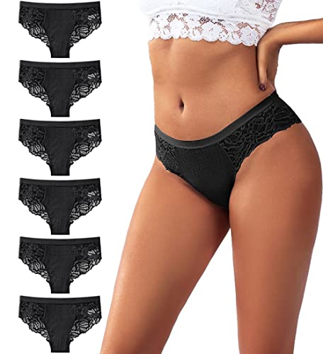 Zueauns Damen Spitze Unterwäsche sexy Low Rise Unterhosen Bequeme Eisseide Slip Hipster unsichtbar Panties Frauen Pantys Bikini Shorts(schwarz*6),XL von Zueauns