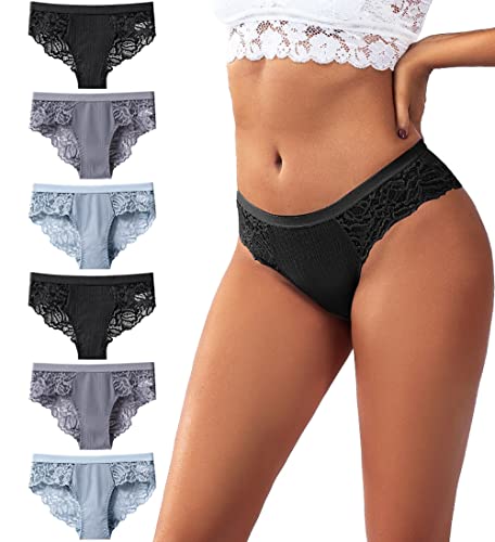 Zueauns Damen Spitze Unterwäsche sexy Low Rise Unterhosen Bequeme Eisseide Slip Hipster unsichtbar Panties Frauen Pantys Bikini Shorts(schwarz/grau/blau),XL von Zueauns