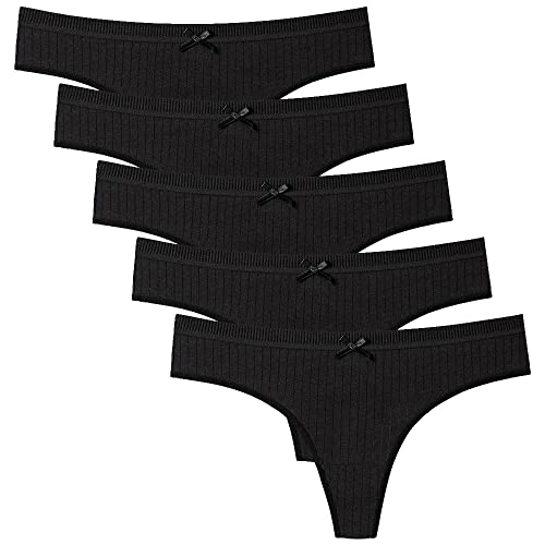 Zueauns Damen Tangas Baumwolle Unterhosen Atmungsaktiver Slip Bikini String Unterwäsche Hipster Panties 5 Stück(Schwarz,L) von Zueauns