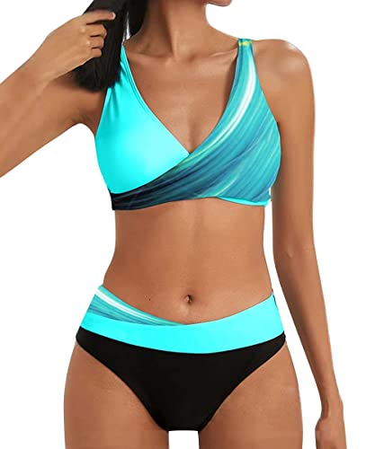 Zueauns Push Up Bikini Damen Große Brüste Bauchweg Badeanzug Sexy V Ausschnitt überkreuztes Sport Bikini-Sets(Grüner/2,3XL) von Zueauns