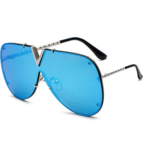 Zueauns Retro Sonnenbrille für Herren Damen üBergroßE Einteilige V-FöRmige Sonnenbrille Vintage Brille Metallrahmen UV 400 Fahrerbrille Sportbrille(Blau) von Zueauns