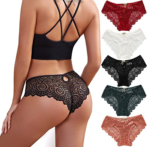 Zueauns Unterhosen Damen Slips mit Spitze Lace Hipster Unterwäsche Höschen Sexy Spitzen Frauen Bikinis Panties Pantys 5 Stück(5-Farbe,L) von Zueauns