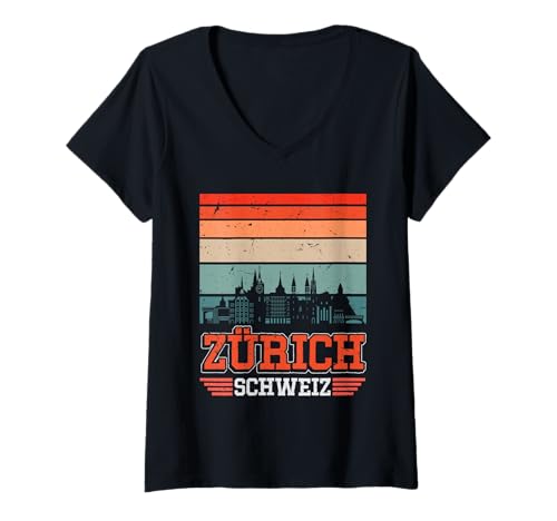 Damen Zürich Switzerland Retro Vintage Sunset Skyline Zürich T-Shirt mit V-Ausschnitt Damen Zürich Switzerland Retro Vintage Sunset Skyline Zürich T-Shirt mit V-Ausschnitt von Zürich Switzerland Souvenir für Reisende