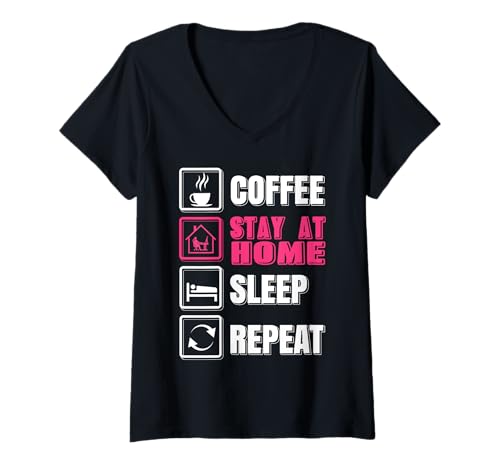 Damen Kaffee Zuhause Bleiben Schlafen Wiederholen Humor T-Shirt mit V-Ausschnitt Damen Kaffee Zuhause Bleiben Schlafen Wiederholen Humor T-Shirt mit V-Ausschnitt von Zuhause Arbeiter Und Kaffee Fans