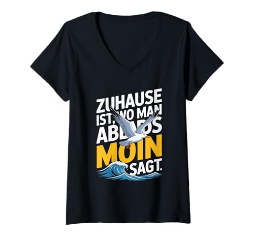 Damen Zuhause Ist Wo Man Abends Moin SAGT T-Shirt mit V-Ausschnitt von Zuhause Moin Seagull Sunset Waves