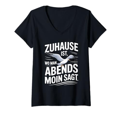 Damen Zuhause Ist Wo Man Abends Moin SAGT T-Shirt mit V-Ausschnitt von Zuhause Moin Seagull Sunset Waves