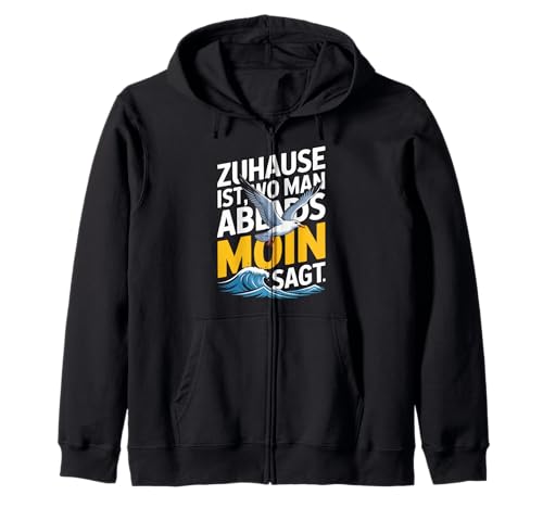 Zuhause Ist Wo Man Abends Moin SAGT Kapuzenjacke von Zuhause Moin Seagull Sunset Waves