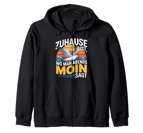 Zuhause Ist Wo Man Abends Moin SAGT Kapuzenjacke von Zuhause Moin Seagull Sunset Waves