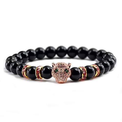 Zuiaidess Stein Armband Armreifen Mode Armband Gold Silber Black Panther Head Hell Matt Natürliche Perlen Schmuck Armreifen Accessoires Männer Frauen Gedenken Geschenk, Rose Gold von Zuiaidess