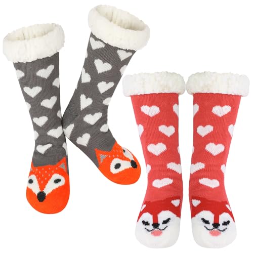 Zuimei 2 Paar flauschige Damen-Socken für den Winter, dicke flauschige Socken, niedliches Tier, warme Fleece-Socken, rutschfeste Totes, Hausschuhsocken für Damen und Mädchen von Zuimei