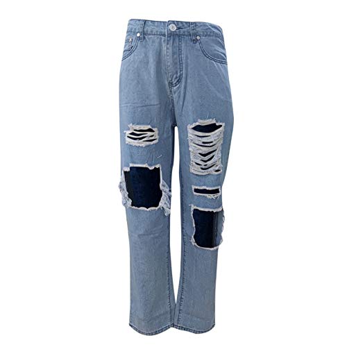 Damen Ripped Jeans Hollow Out Hosen High Low Rise Cutout Baggy Straight Wide Leg Jeans Y2K Fashion Denim Streetwear Pants (B Blau, M) von Zukmuk