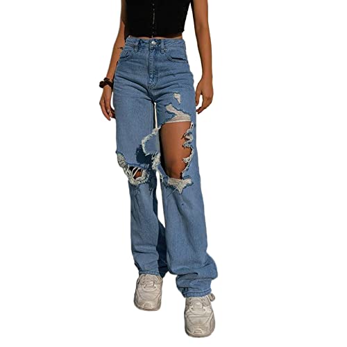 Damen Ripped Jeans Hollow Out Hosen High Low Rise Cutout Baggy Straight Wide Leg Jeans Y2K Fashion Denim Streetwear Pants (J Blau, XL) von Zukmuk