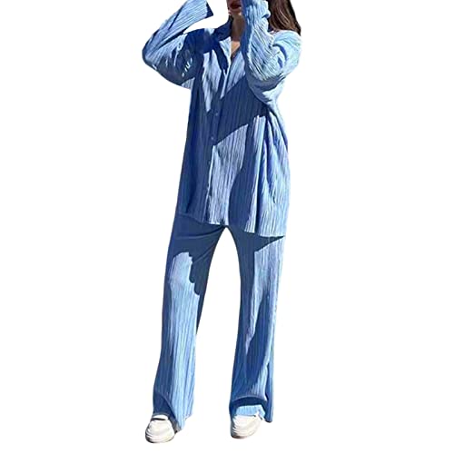 Zukmuk 2-teiliges Damen Plissee Outfits Hosen-Set Eleganter Anzug Y2k-Revers V-Ausschnitt Langarm Bluse mit Knöpfen + Solide Hose mit Weitem Bein (Blau B, M) von Zukmuk