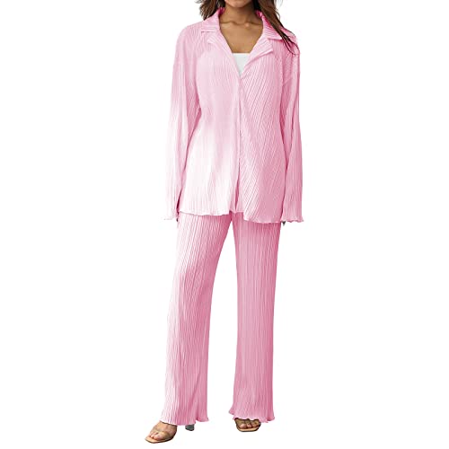 Zukmuk 2-teiliges Damen Plissee Outfits Hosen-Set Eleganter Anzug Y2k-Revers V-Ausschnitt Langarm Bluse mit Knöpfen + Solide Hose mit Weitem Bein (Rosa B, S) von Zukmuk