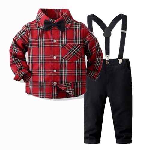 Zukmuk Baby Boys 2 Stück Herren Kleider Langarm Kariertes Hemd + Hosenträger Set Kleidung Baby Formale Anzug Kinder Jungen Kleidung Set, rot, 1-2 Jahre von Zukmuk