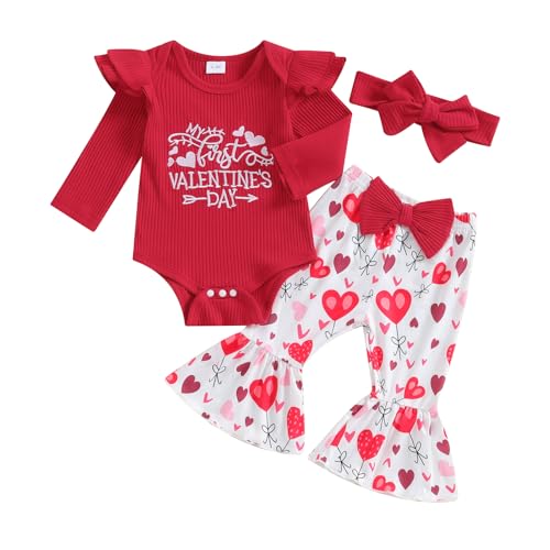 Zukmuk Baby Mädchen Valentinstag Kleider Stickerei Body + Hose Flare + Stirnband Kleidung Set für Neugeborene, Kleinkind Kinder Valentinstag Kleidung Set, rot, 0-3 Monate von Zukmuk