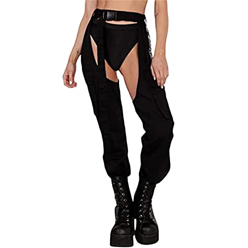 Zukmuk Crotchless Hose Damen Hosen Sexy Clubwear Damen Hosen Sommer Hose Damen Offener Schritt Cargo Hose Frauen Streetwear Damen Ouvert Hose (L, Schwarz A) von Zukmuk