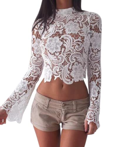 Zukmuk Tops Damen Elegant Langarm Crop Top Spitze Spitzentop Spitzen Long Sleeve Bluse Blusenshirt Party Lace Trachtenbluse Für Frauen (E Weiß, L) von Zukmuk