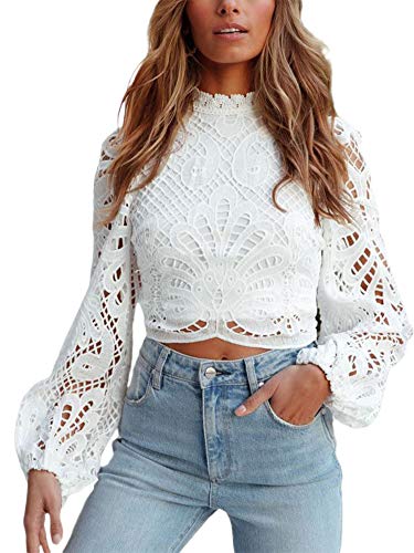 Zukmuk Tops Damen Elegant Langarm Crop Top Spitze Spitzentop Spitzen Long Sleeve Bluse Blusenshirt Party Lace Trachtenbluse Für Frauen (Weiß, L) von Zukmuk