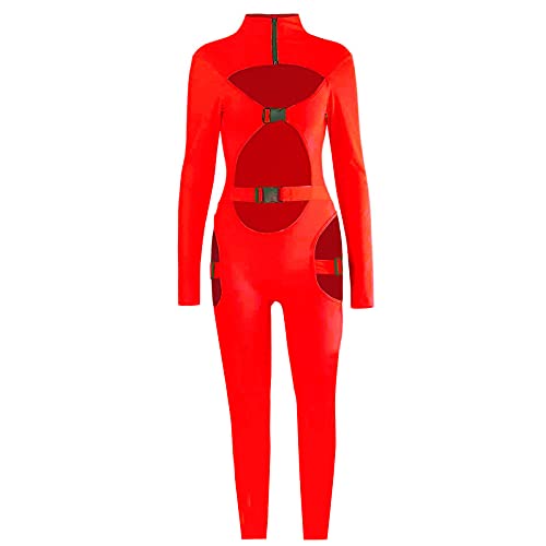 Zukmuk Damen Bodycon Buckle Bodysuit Jumpsuit Damen Frauen Sexy Clubwear Suit Romper Cat Woman Costume Dessous Unterwäsche Catsuit Ouvert Ganzkörperanzug Body Wetlook Outfit (Rot, L) von Zukmuk