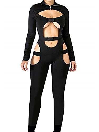 Zukmuk Damen Bodycon Buckle Bodysuit Jumpsuit Damen Frauen Sexy Clubwear Suit Romper Cat Woman Costume Dessous Unterwäsche Catsuit Ouvert Ganzkörperanzug Body Wetlook Outfit (Schwarz, M) von Zukmuk