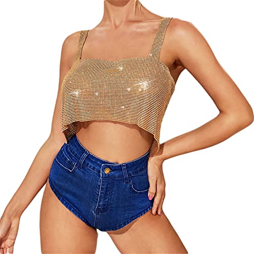 Zukmuk Damen Glitter Pailletten Ärmelloses Crop Top mit verstellbaren Trägern Rücken Kettenverschluss Sexy Sparkle Camisole Bluse (Gold, Einheitsgröße) von Zukmuk