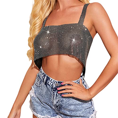 Zukmuk Damen Glitter Pailletten Ärmelloses Crop Top mit verstellbaren Trägern Rücken Kettenverschluss Sexy Sparkle Camisole Bluse (Schwarz, Einheitsgröße) von Zukmuk