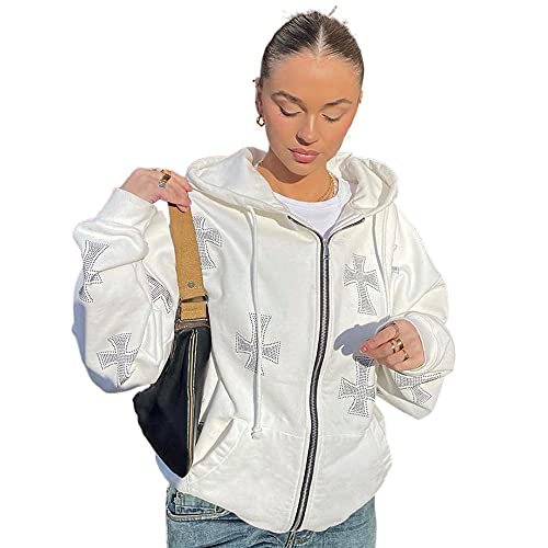 Zukmuk Damen Hoodie Jacke Sweatshirt Sportjakce Oversize Pullover Sweatjacke Hoody mit Kapuze Jacken Herbst 90er Y2k Vintage Clothes Kapuzenpullover Winterjacke mit Aesthetic Bilder (Weiß 2, L) von Zukmuk