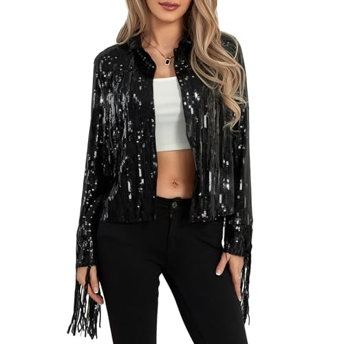 Zukmuk Damen Jacken Glitzer Pailletten Langarm Offene Vorne Jacken Mit Quasten Blazer Clubwear, Schwarz , M von Zukmuk