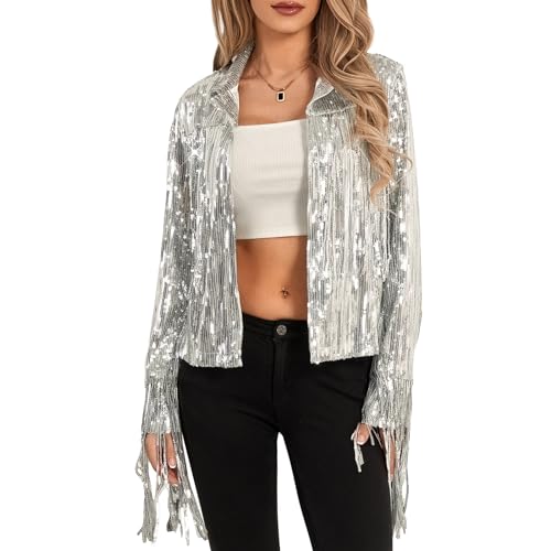 Zukmuk Damen Jacken Glitzer Pailletten Langarm Offene Vorne Jacken Mit Quasten Blazer Clubwear, silbrig, S von Zukmuk