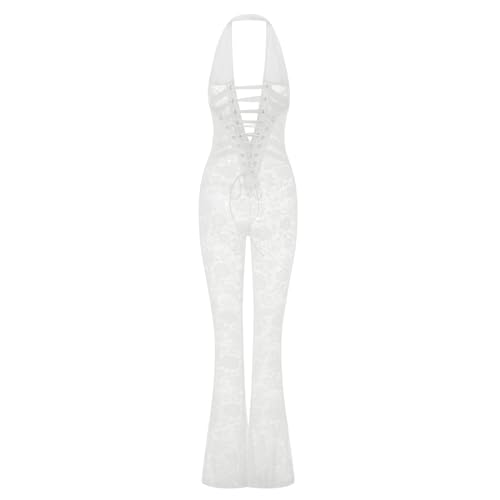 Zukmuk Damen Spitze Bodysuit Ärmellos Neckholder Rücken Crossover Jumpsuit Party Club Rompers Sommer Schlank Playsuits Clubwear, Weiß lang, S von Zukmuk