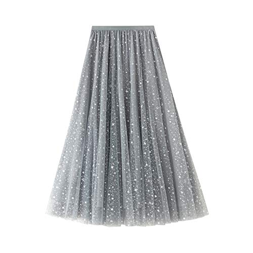 Zukmuk Damen Sternenhimmel Mesh Tutu Rock Pailletten Glitzer Rock Blumendruck Mesh A-Linie Midi Swing Rock, grau, Einheitsgröße von Zukmuk