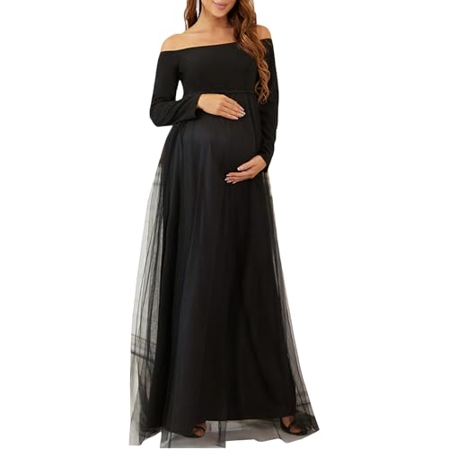 Zukmuk Damen Umstandskleid mit langen Ärmeln aus Tüll, Schwangerschaftskleid für Fotoshooting, Schwarz , XL von Zukmuk