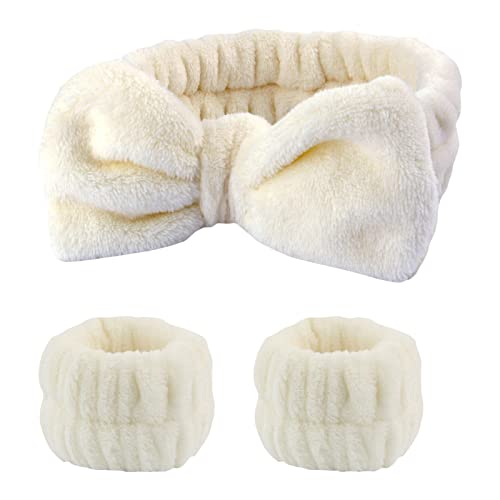 Zukmuk Gesicht Waschen Haar Band Handgelenk Kleid, Solide Farbe Plüsch Praktische Stirnband Damen Badezubehör, Haarband und Manschetten Scrunchies (Beige A, One Size) von Zukmuk