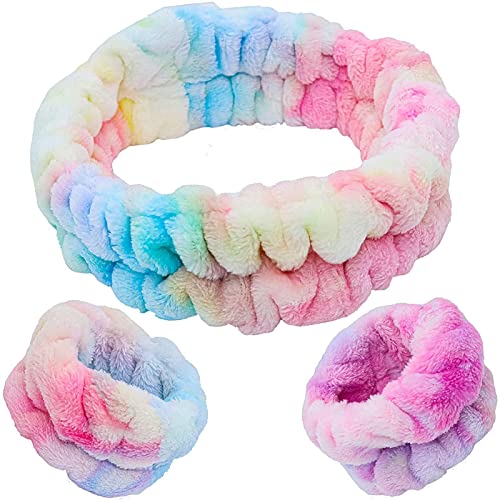 Zukmuk Gesicht Waschen Haar Band Handgelenk Kleid, Solide Farbe Plüsch Praktische Stirnband Damen Badezubehör, Haarband und Manschetten Scrunchies (Regenbogen, One Size) von Zukmuk