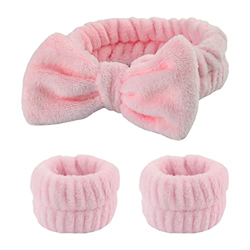 Zukmuk Gesicht Waschen Haar Band Handgelenk Kleid, Solide Farbe Plüsch Praktische Stirnband Damen Badezubehör, Haarband und Manschetten Scrunchies (Rosa A, One Size) von Zukmuk