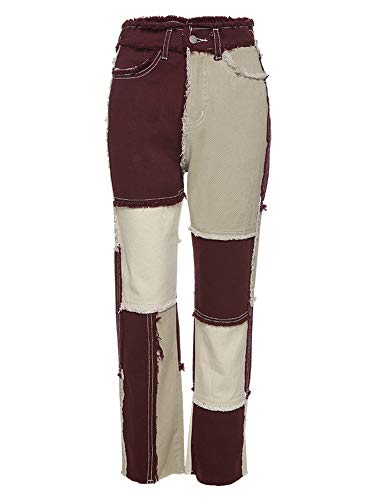 Zukmuk Jeans Damen Sexy Patchwork Jeans Mitte Taille Distressed Gerade Denim Hosen Mode A-Linie Vintage Mädchen Hosen (Kaffee, XX-Large) von Zukmuk